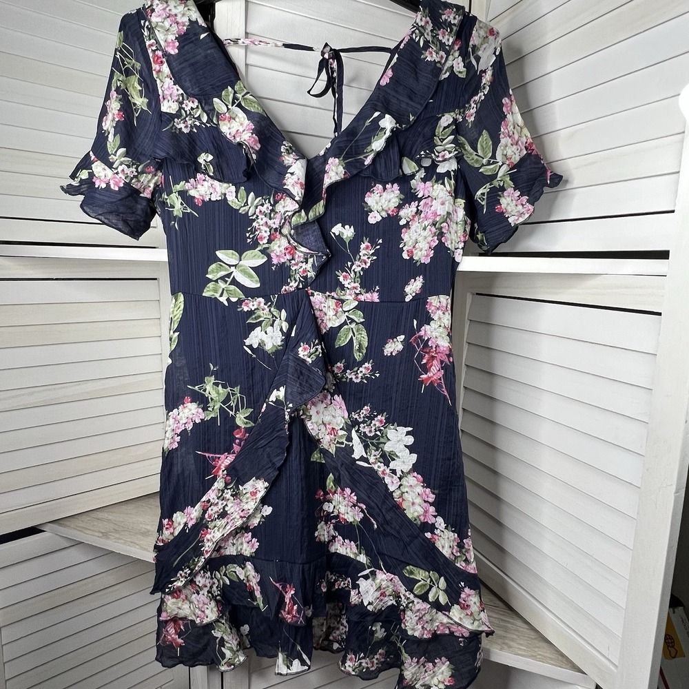 Promesa Navy Floral Ruffle Dress Short‎ Sleeve Women's *Small-see Size Info